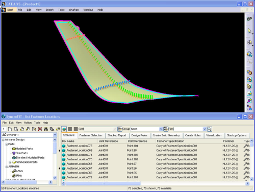 An example of an aircraft winglet assembly designed with VISTAGY’s SyncroFIT® software operating within a CAD modelling session. The software makes it easy for an engineer to understand the assembly definition by colour-coding different types and grip lengths of fasteners (see red, green and blue vectors). SyncroFIT improves the efficiency and accuracy of developing airframe assemblies by enabling commercial 3D CAD users to fully define and manage joints and interfaces between parts within complex assemblies.