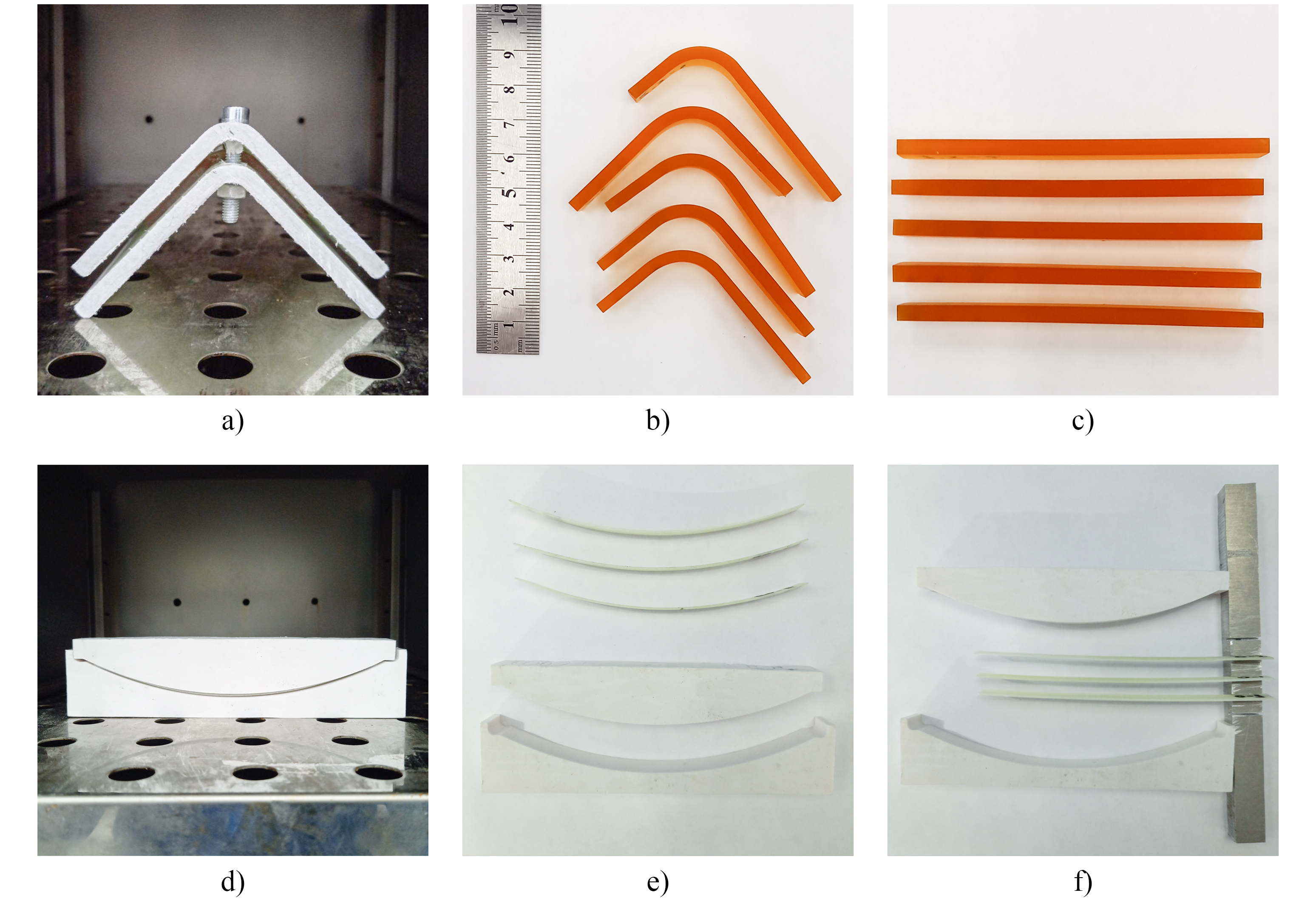 Shape memory testing of cured resin and pultruded composite specimens: (a) Deformed specimen of cured resin in the test fixture after heating; (b) cured resin specimens after shape fixing; (c) cured res-in specimens after shape recovery; (d) deformed specimen of pultruded composite in the test fixture after heating; (e) geometry of pultruded composite specimen after shape fixing as compared to geometry of the test fixture; and (f) pultruded composite specimen after shape recovery. (Photo courte-sy Roman Korotkov et al.)