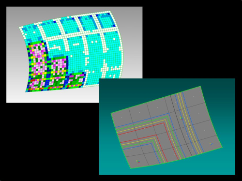 Figure 2: An example of concurrent composite design and analysis using FiberSIM software. Stiffened panels, such as this one, can be found in large composite structures on naval, commercial and recreational vessels. FiberSIM enables the preliminary and detailed ply layup design to be shared seamlessly with CAE software. Better and faster structural optimization is made possible as well as more accurate validation of the composite part design. Design details include zone and ply boundaries and laminate specifications, including materials, target and true fiber orientations, and manufacturing sequences and details.